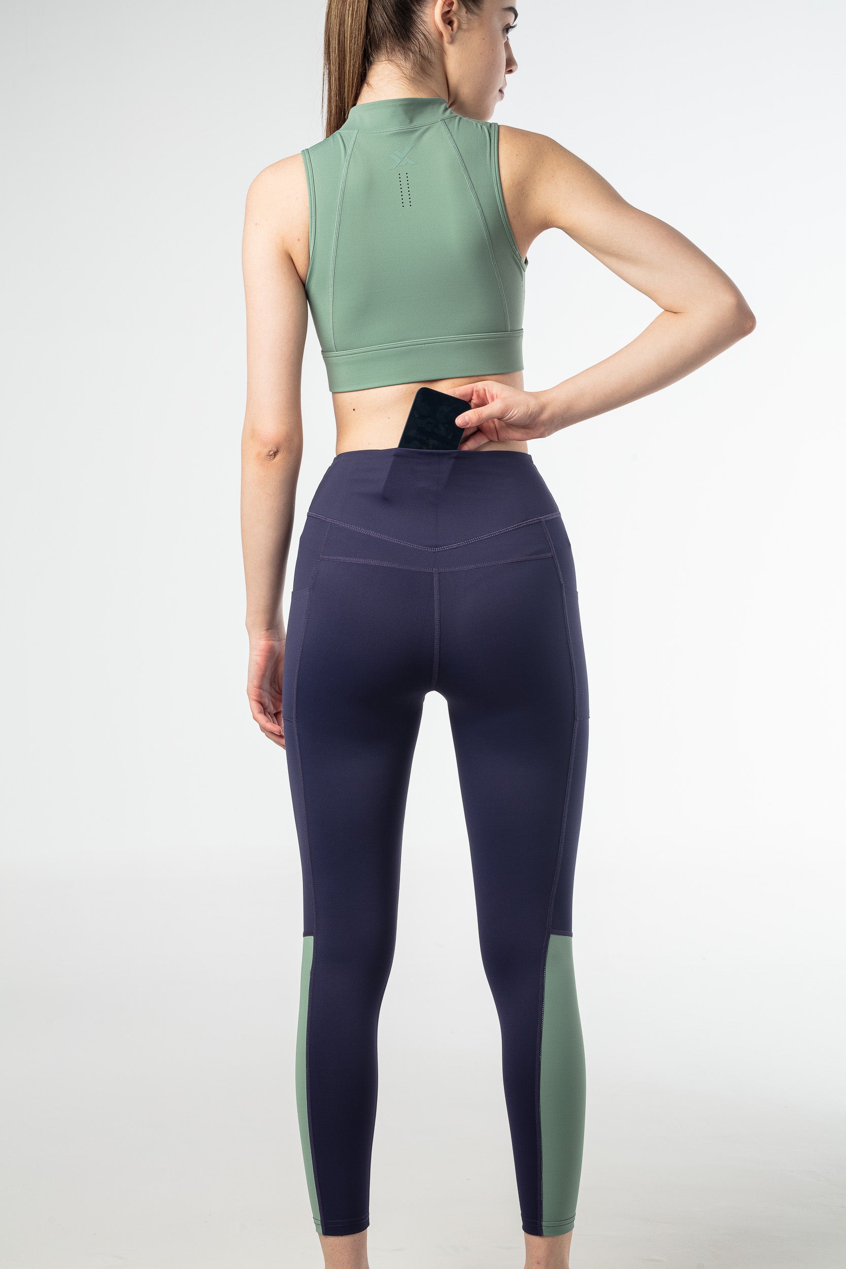 Elevate Two-Tone Leggings - Dark Navy and Varsity Green