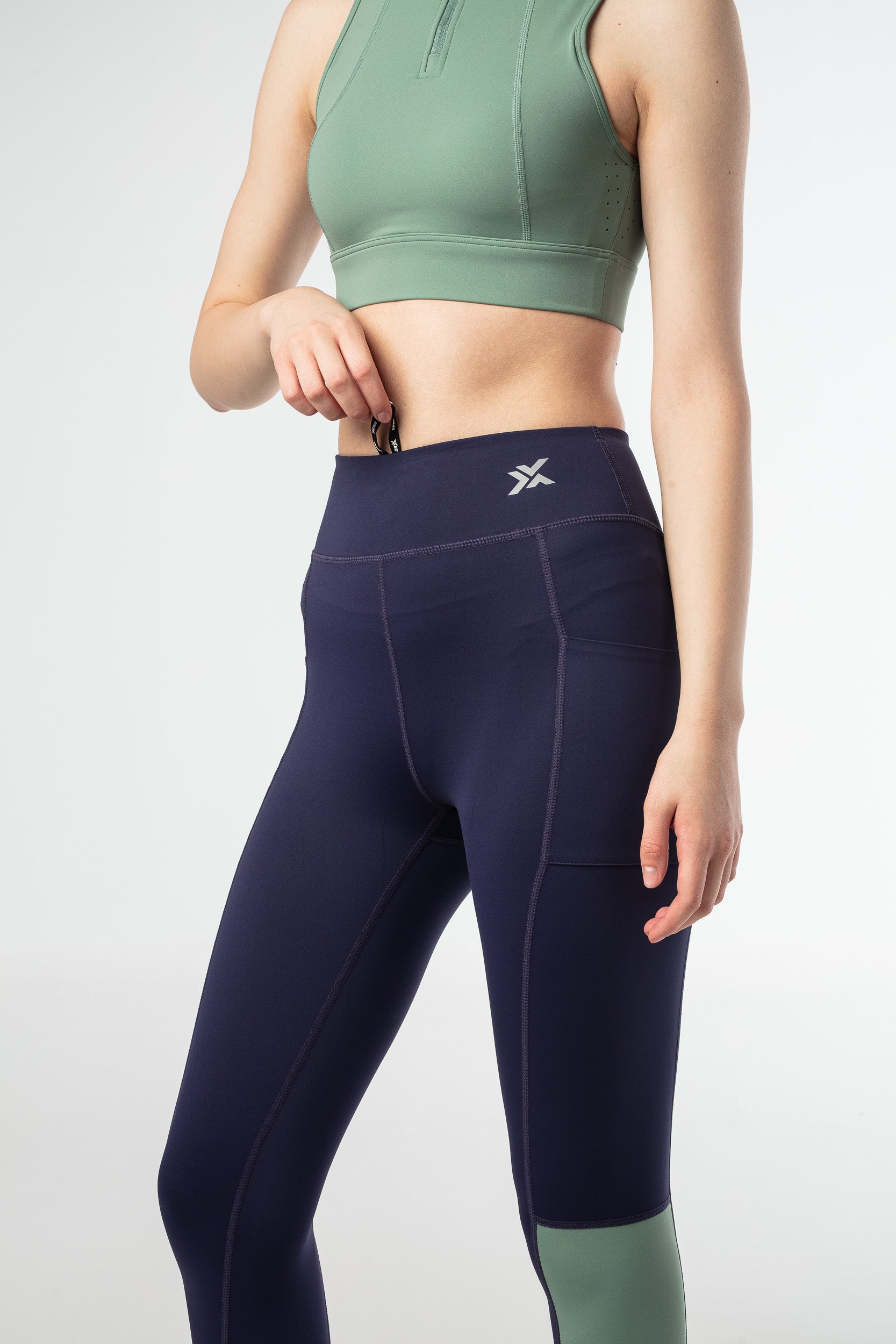 Elevate Two-Tone Leggings - Dark Navy and Varsity Green